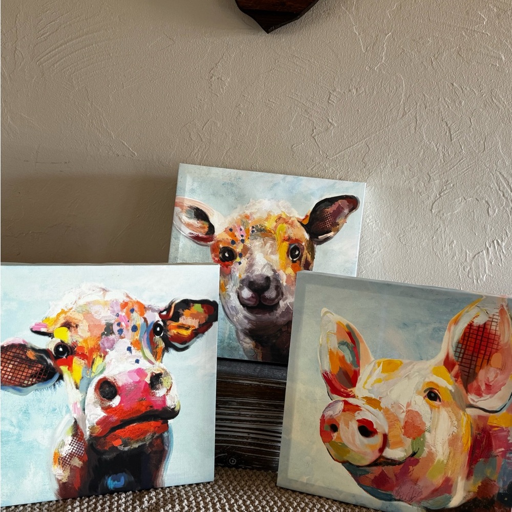 Colorful Farm Animal Canvas Trio - Cow, Sheep, Pig